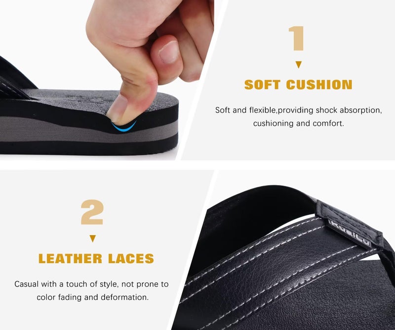 KuaiLu Men's Leather Flip Flops Arch Support Summer Beach Pool Water Thong Sandals Waterproof Rubber Walking Shoes Slip on Orthotic Casual Sport Cushioned Wide Slides Shower Slippers Black Size 10 - Image 5